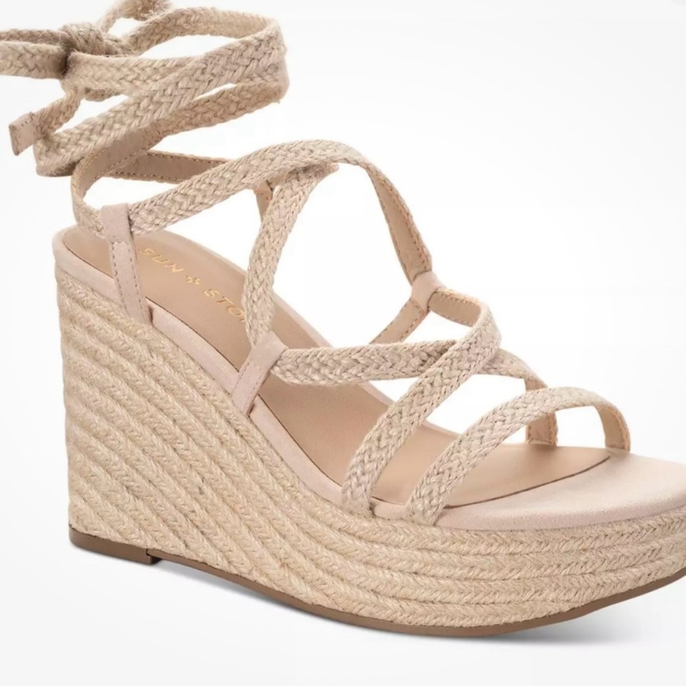 Sun + Stone trinnie Woman Strappy Macrame Wedge Espadrille Sandal beige size 8.5